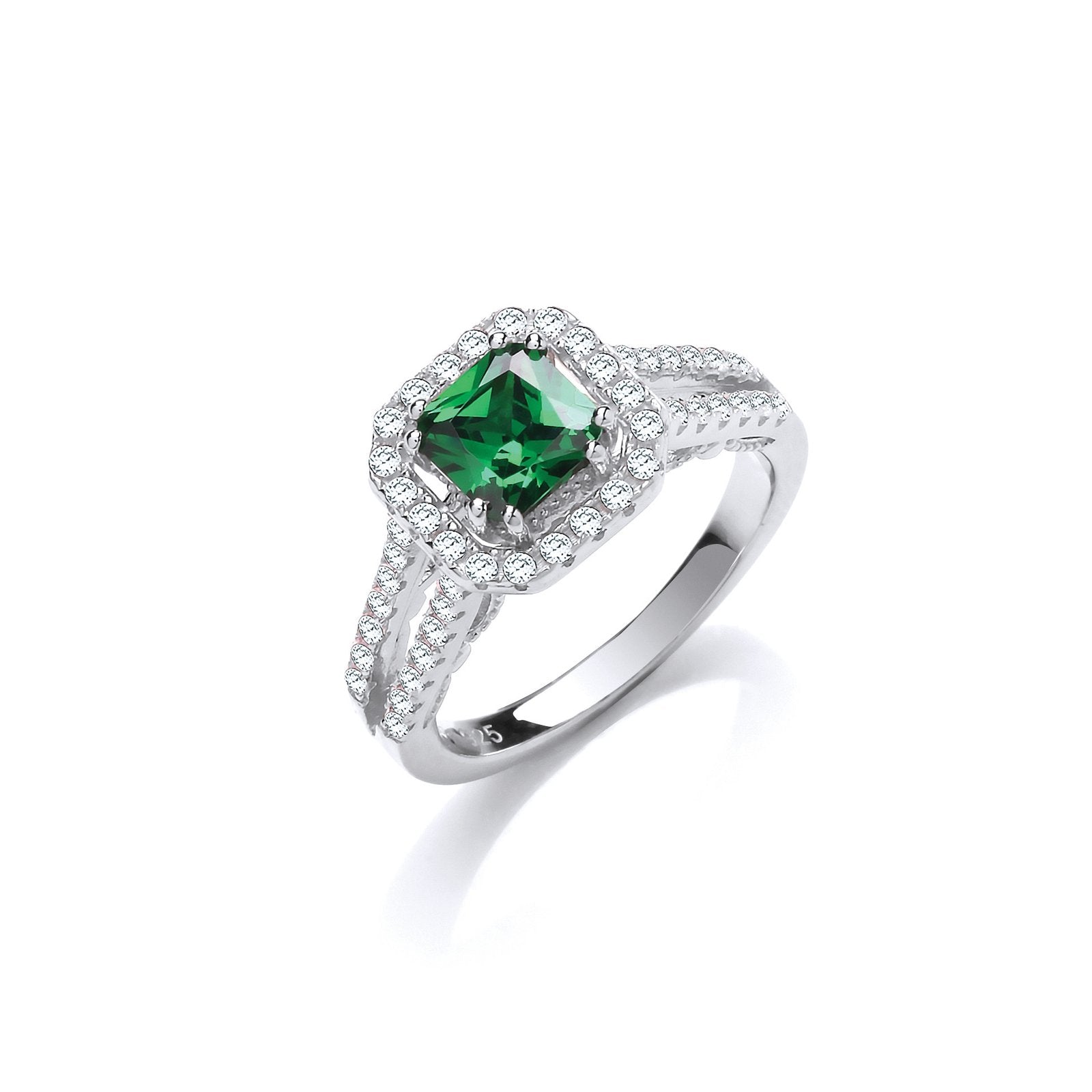 Green P/C Cubic Zirconia High Setting Split Shank Fancy Silver Ring - Fine Ring - Certified A – Luxury Jewellery by Im